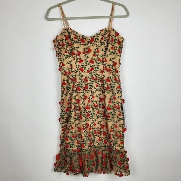 Dress the Population Kaya dress Cherry Embroidered Mini Dress Rouge Flutter Hem - Picture 5 of 12